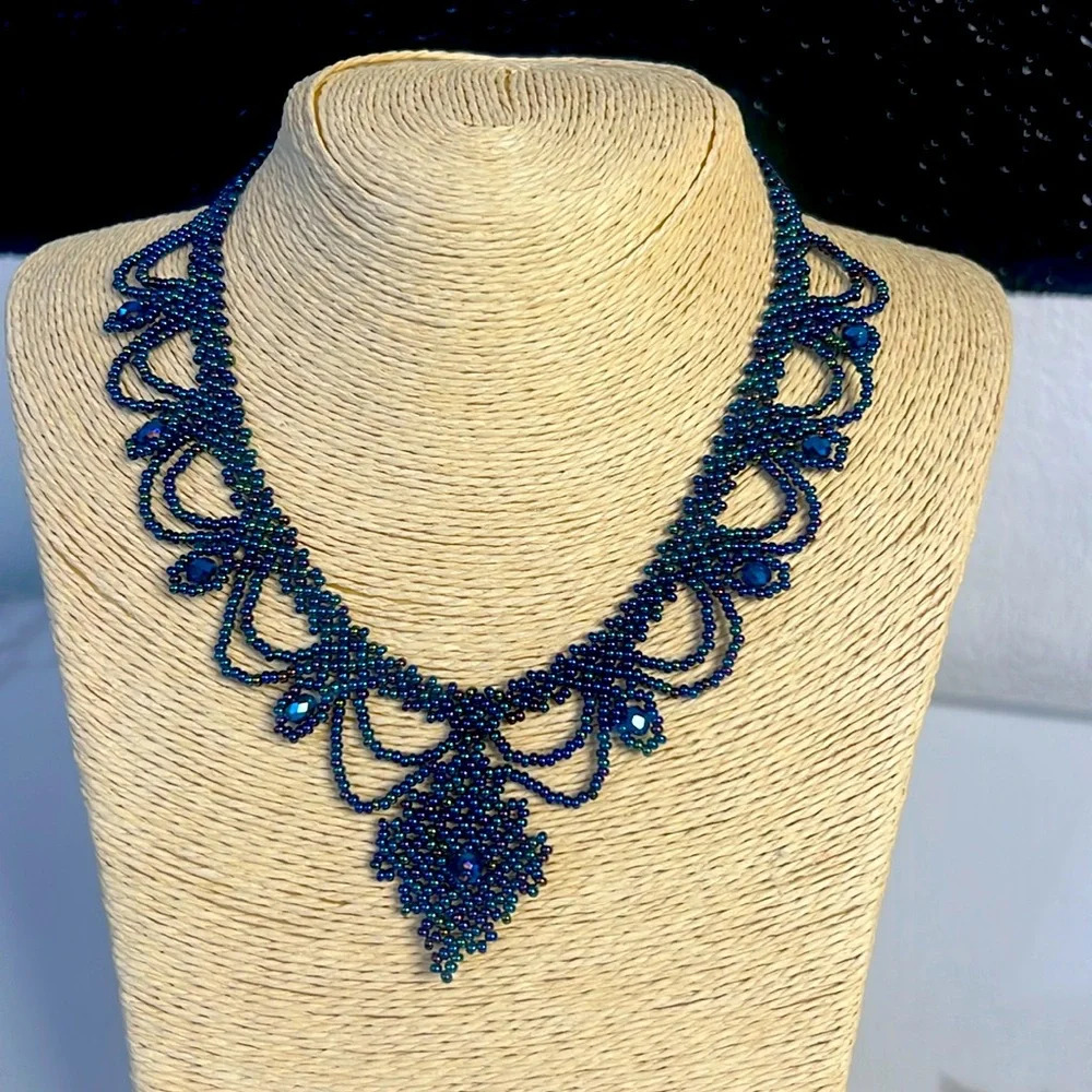 NWOT Women’s hand beaded boho blue lace necklace handcrafted goddess jewelry